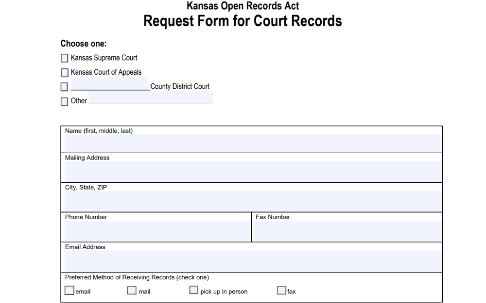 A screenshot from the Kansas Judicial Branch detailing options to select the court type, including Supreme, Appeals, or District Court, and fields to input personal contact information and preferred method of receiving records.