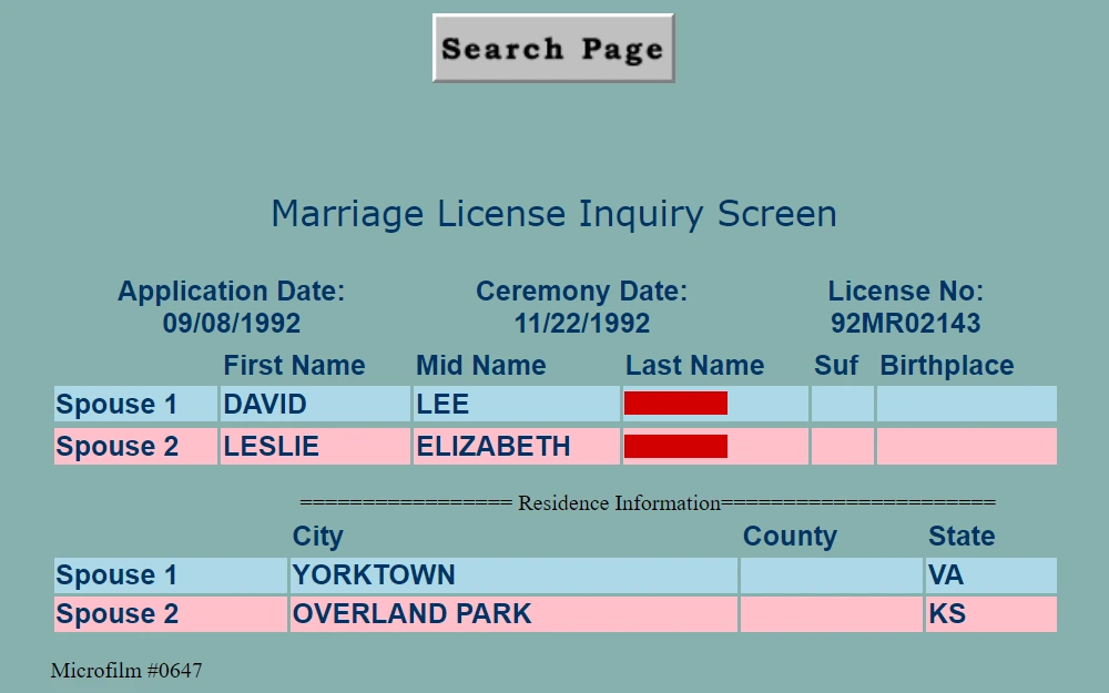 A screenshot of the details of a marriage license recorded by the District Court of Johnson County showing the application and ceremony dates, license number, names of the bride and groom, and their residences.