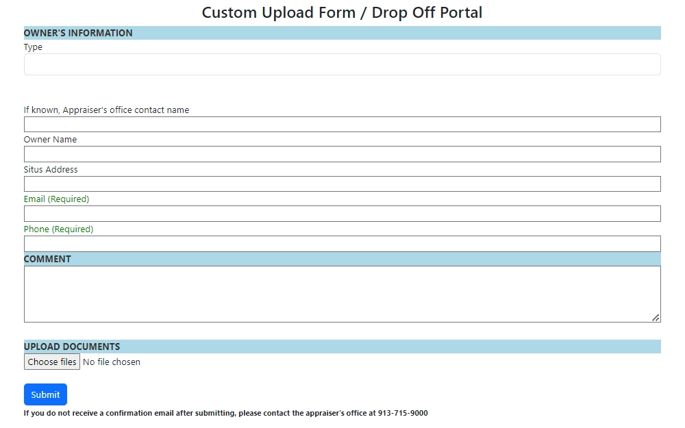 Screenshot of the custom upload form or drop off portal provided by the appraiser's office of Johnson County asking for the type of service needed, name of contact in the office if known, owner's name, situs address, email address, phone number, and comment, together with an option to upload document files.