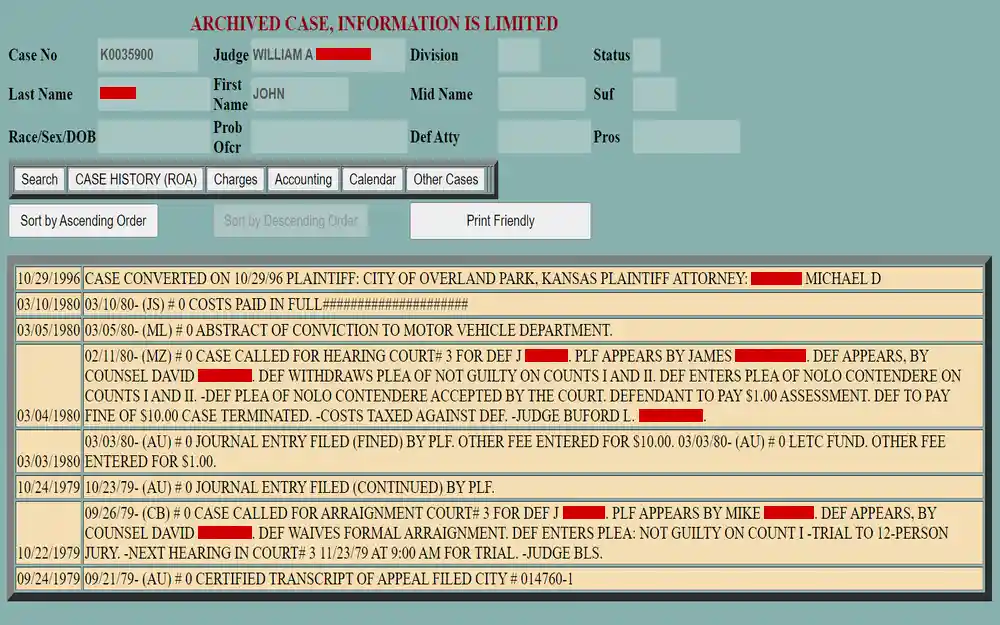 A screenshot from the Johnson County Kansas District Court detailing a case number, judge's name, plaintiff and defendant information, and a chronological log of court entries and actions taken on the case.