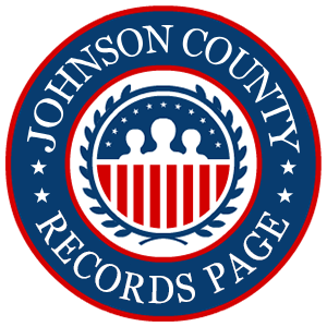 A round, red, white, and blue logo with the words 'Johnson County Records Page' in relation to the state of Kansas.