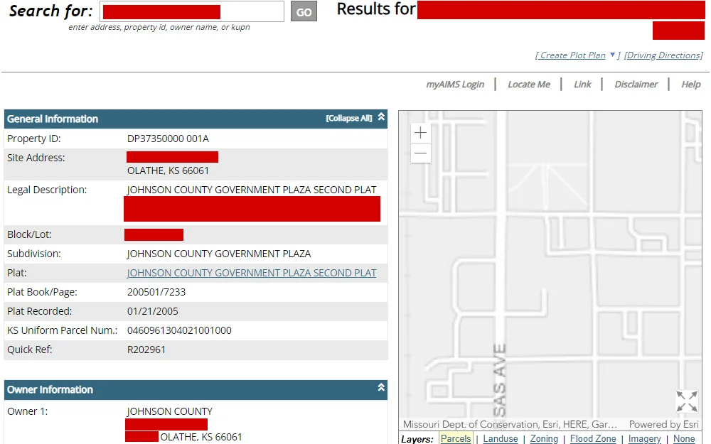 Screenshot of a search result from the location service of Johnson County displaying an interactive map of the searched area and the property details including general and owner information.