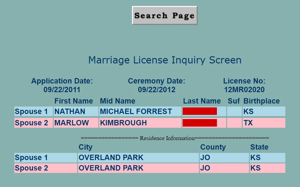 A screenshot of a marriage license detail from the results of Johnson County District Court Public Record search tool displaying the application and ceremony dates, license number, and the names, birthplaces, and residences of both spouses.