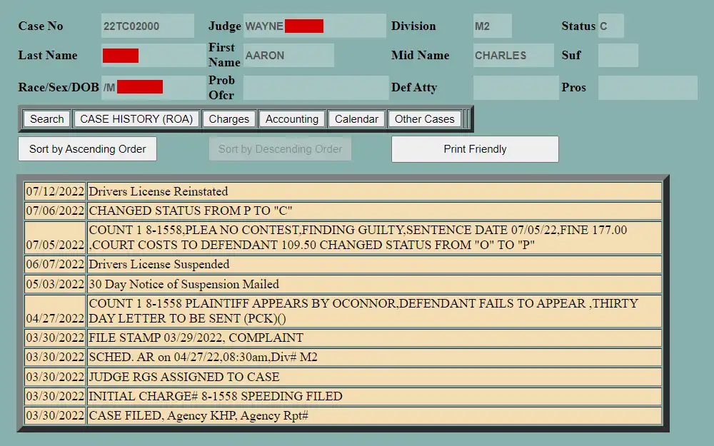 Screenshot of a case detail from Johnson County District Court, showing the defendant's name, sex, birthday, division, judge, status, and case number, along with the available tabs such as search, charges, accounting, calendar, other cases, and lastly, case history which content is displayed. 