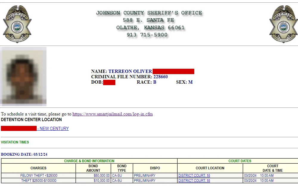 Screenshot from the Johnson County Sheriff's Office, displaying the inmate's mugshot along with his name, criminal file number, detention center location, booking date, charge and bond information, court location, and court date.
