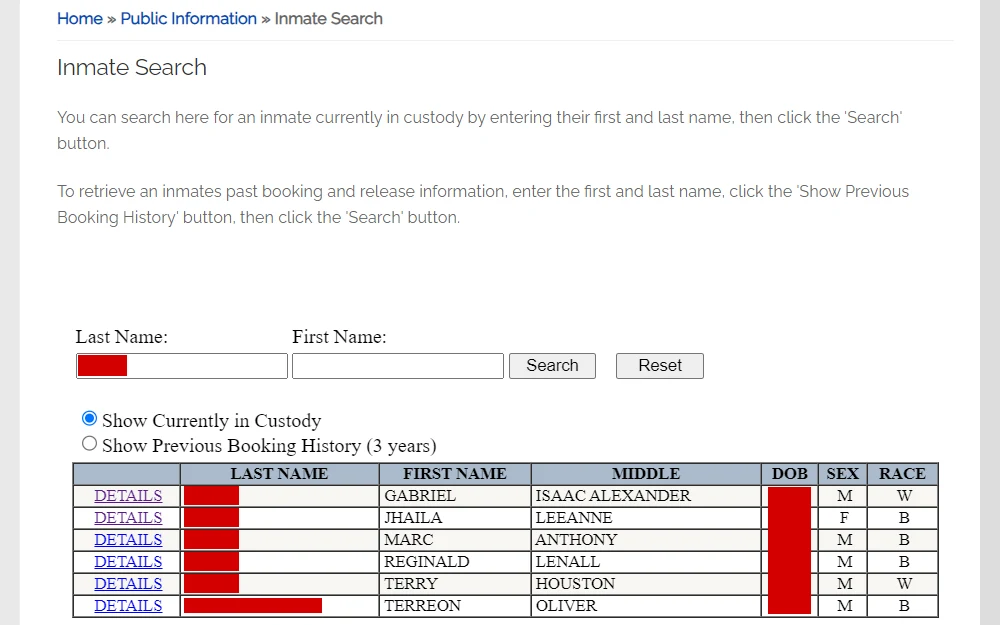 Screenshot of inmate search result from Johnson County Sheriff's Office, displaying the instructions, search fields, and the list of results including the last, first, and middle names, birthdates, sexes, races, and an option to view more details located under the first column.