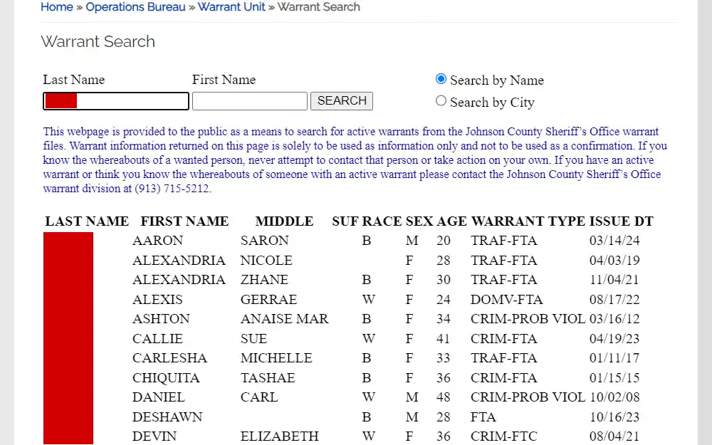 Screenshot of the warrant search results from Johnson County Sheriff's Office, displaying the wanted individuals' names, races, sexes, ages, warrant types, and dates of issuance, along with the search fields provided for the first and last names, and a disclaimer about the information posted.