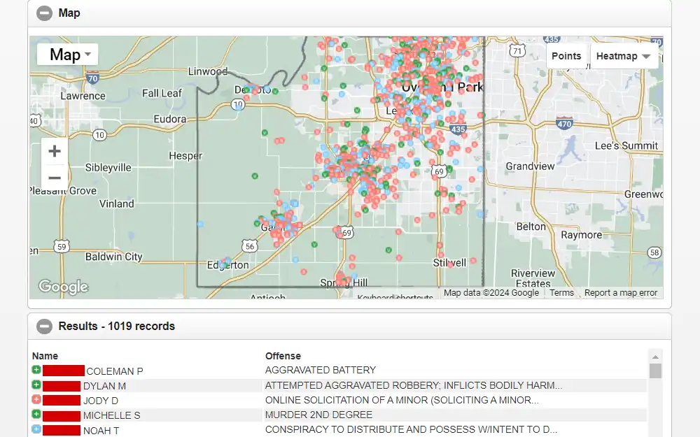 Screenshot of the map view from the offender search feature of the sheriff's office, displaying the map of Johnson County with color coded legends based on the type of offense, followed by a list offenders' names, and corresponding offenses.