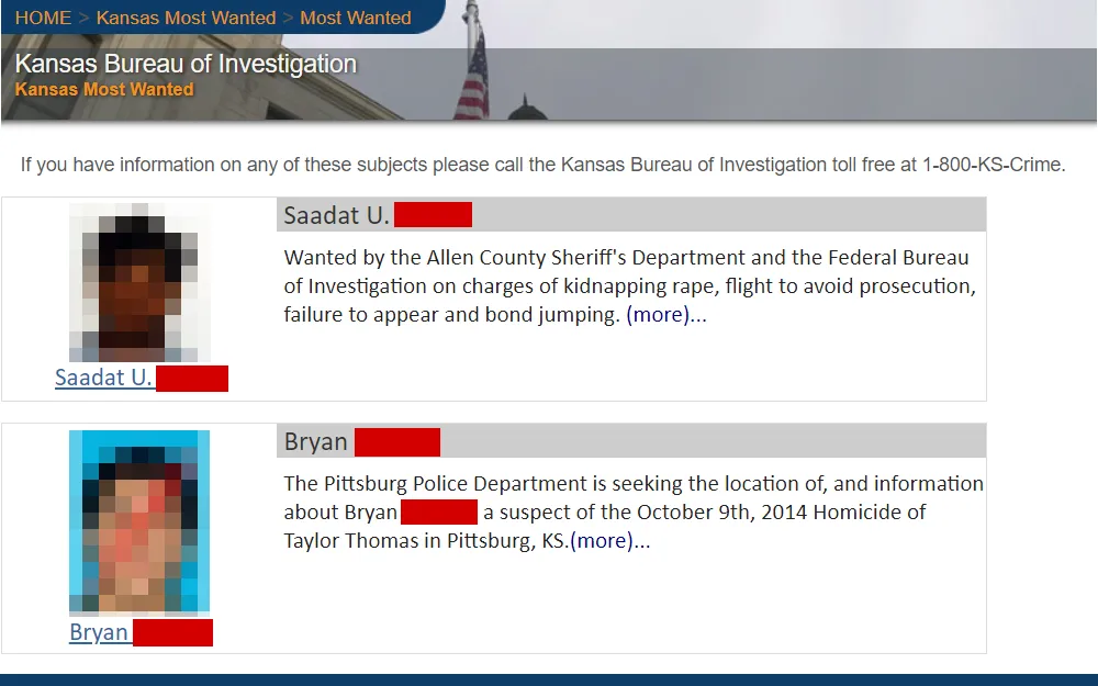 A screenshot from Kansas Bureau of Investigation showing the first two individuals posted under their most wanted, including their mugshots, names, and description of offense.
