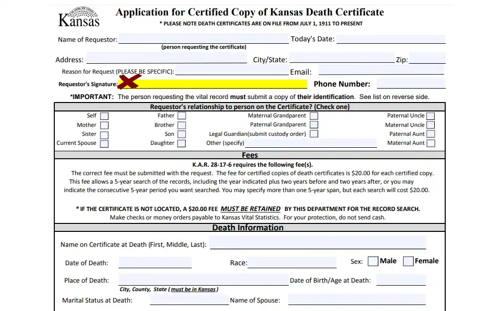 Screenshot of the application form for certified copies of death records displaying a reminder about the associated fees and fields for the requestor's information such as name, address, contact information, date of request, specific reason of request, relationship to the person on record, and signature; and death information including the name on the certificate, date and place of death, race, sex, birthday or age at death, marital status at death, and name of spouse if applicable.
