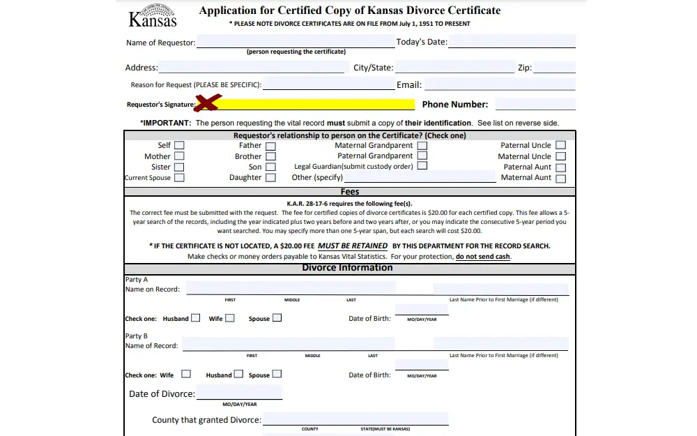 Screenshot of the application form for certified copies of divorce certificates requiring the requestor's information such as name, date of request, address, contact information, specific reason of request, relationship to the person on record, and signature; and divorce information including the names and birthdays of both parties, date of event, and location of divorce, together with a section that displays a reminder of the fees associated with the request.