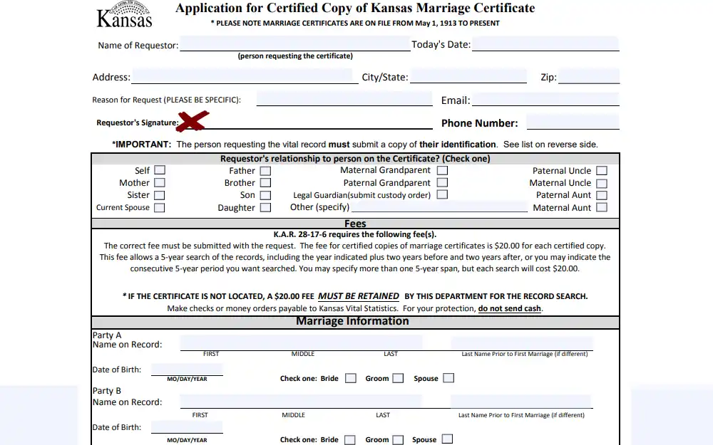 Screenshot of the application form for certified copies of marriage certificates from the Kansas Department of Health and Environment, Office of Vital Statistics, displaying the fields about marriage information including the names and birthdays of both parties; requestor's information such as name, address, contact information, specific reason of request, relationship to the person on record, date of request, and signature; and a not about the associated fees.