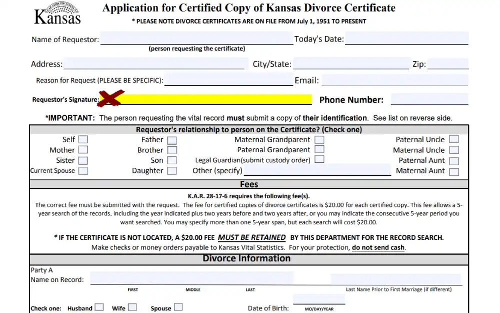 A screenshot from the Office of Vital Statistics' application for certified copy of Kansas divorce certificate form detailing the requester's information, the relationship to the individual on the certificate, fees, and instructions for providing identification and payment.