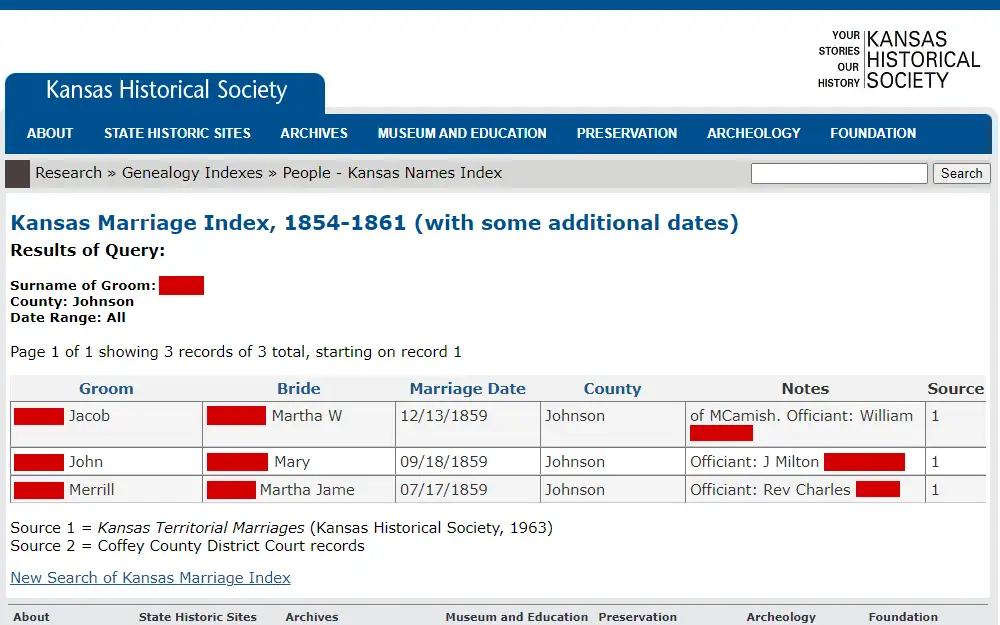 Screenshot of the results from the marriage index search of the Kansas Historical Society listing the names of both bride and groom, their marriage date, officiants, sources.