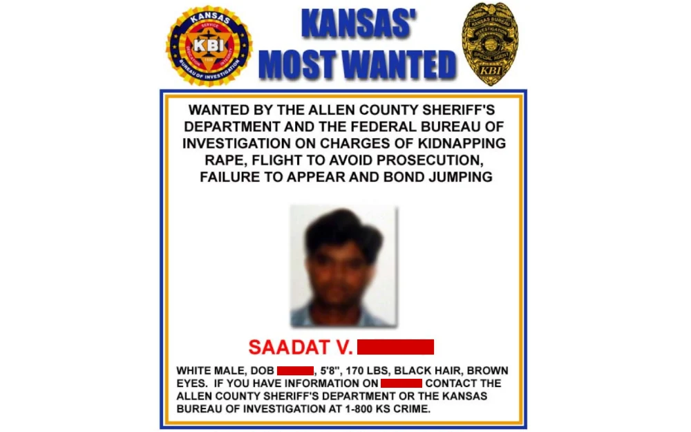 A screenshot of a wanted poster from the Kansas Bureau of Investigation featuring an individual pursued by the county sheriff's department and federal investigators for multiple serious charges, providing a physical description and contact information for law enforcement.