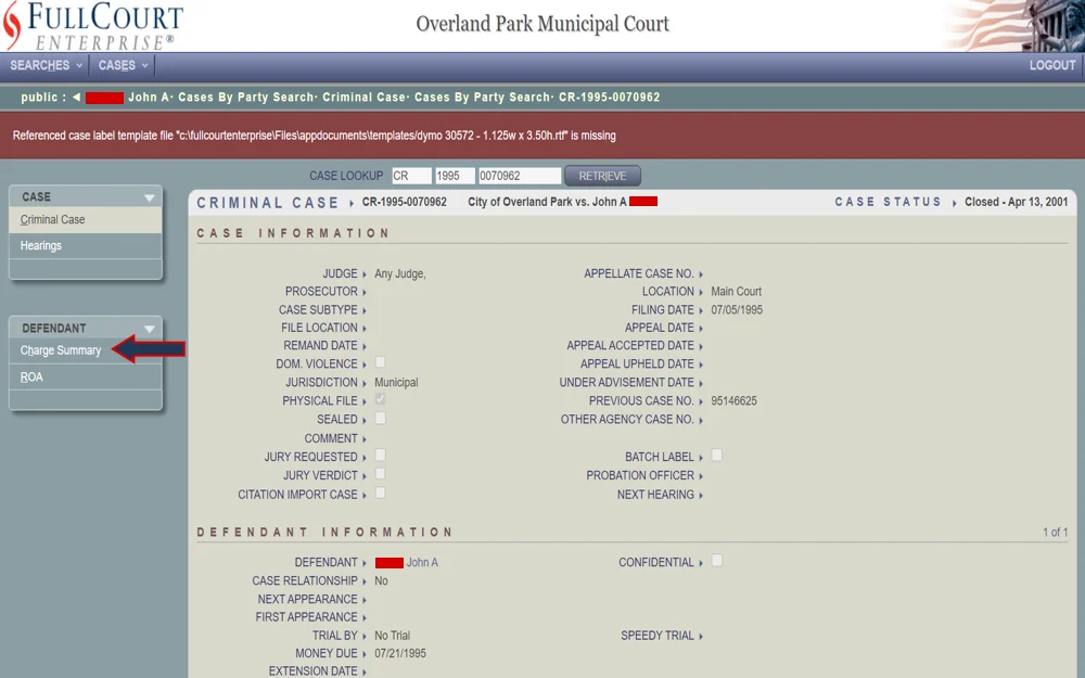 A screenshot from the Overland Park Municipal Court displays case information, including case number, city, status, filing date, and section for judge, prosecutor, and defendant information indicating the case is closed.